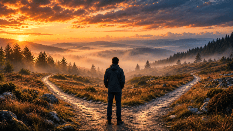 A lone man stands at a fork in a winding mountain path, surrounded by misty forests and golden sunset light, symbolizing moral courage, personal integrity, and the difficult choice between doing what is right and taking the easier path.